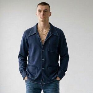 Vintage 70s Wide Collar Disco Polyester Blue Safari Lounge Shirt Jacket Men's M